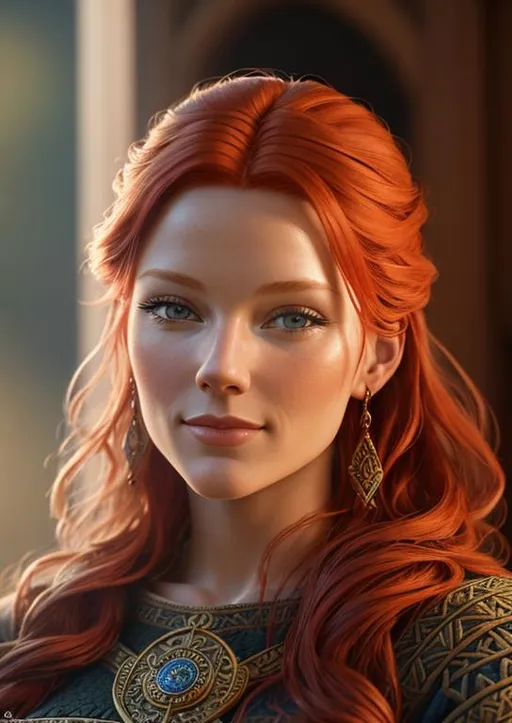 Prompt: highest quality stylized viking woman masterpiece, red hair, award-winning 3d oil painting art, perfect anatomy in perfect composition, long shot, hyper-realistic photography, intricate, 64k, UHD, HDR, (intricate eyes), extraordinary lips, subtle smile, gorgeous eyelashes, highly detailed face, hyper-realistic facial features, cinematic 3d volumetric, dramatic lighting with backlit backlight, by Julia Razumova