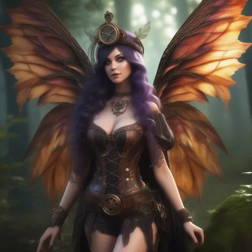 Prompt:  Shes a Steam Punk, gothic witch.  distinct Winged fairy, with a skimpy, ((colorful)), gossamer, flowing outfit, standing in a forest by a village. ((Wide angle)),  Detailed Illustration. 4k, 8k.  Full body in shot. Hyper realistic painting. Photo real. A ((beautiful)), (shapely) woman with very ((realistic)) hands, and ((vivid)) colorful, ((bright)) eyes. A distinct  Halloween night. Concept art. Matte painting. ((Epic)). ((Cinematic))