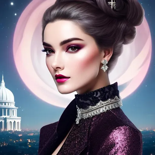 Prompt: head-on, bust, surreal cartoon,Stunning, glossy portrait of a stunning woman with silver and white hair pulled back into a bun, she is dressed like a cross between an Elizabethan princess and a high fashionista, pink and black fabric, background is architecture lit by the moon,  trending on artstation