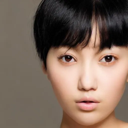 Prompt: young woman, short black hair that reaches the shoulder, brown slanted eyes, large cheeks, thin black eyebrows, serious features, small chin, large eyelashes, small and fluffy nose