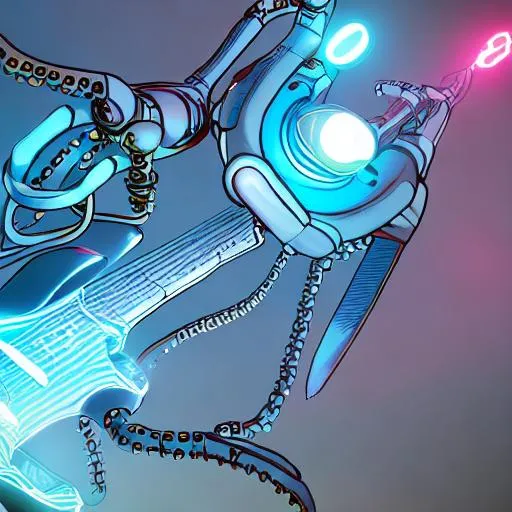 Prompt: robot octopus playing a glowing Stratocaster guitar, retrofuturist comic style, comic cover, contrast color, trending on artstation, unreal engine 3