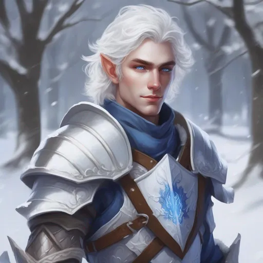 Prompt: DND a male elf with short wavy white hair and blue eyes wearing plate armor in a snowy park