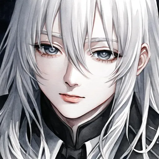Prompt: white hair, watercolor painting, watercolor rendering, black and white, completely fully black eyes, male, man, boy, black and white, glossy lips,closeup portrait shot of a man, korean, in suits, manhwa art style, eye bags, pink eyebags, manhwa, korean art style, rendered warmly, black and white,