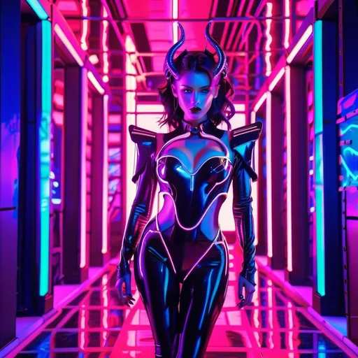 Prompt: a beautiful female demon in a dynamic pose in a retro futuristic synthwave cyberpunk neon paradise.  neon lighting, high quality, beautiful, synthwave, cyber, retro, futuristic