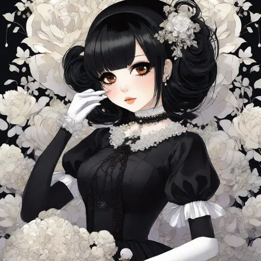 Prompt: anime art, Indonesian goth woman, 25 year old, (round face, high cheekbones, almond-shaped brown eyes, small delicate nose, black hair), pearl necklace, white goth dress, white gloves, white stockings, black lipstick, black eye make-up, black flowers, Japanese manga, Pixiv, Fantia