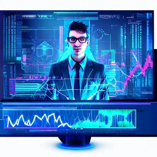 Prompt: A guy behind the monitors with graphs, cyberpunk, logo, symmetrical, blue colors with electric discharges, high quality serving business with effectiveness. and employees on other side setting more relax and thinking smart
