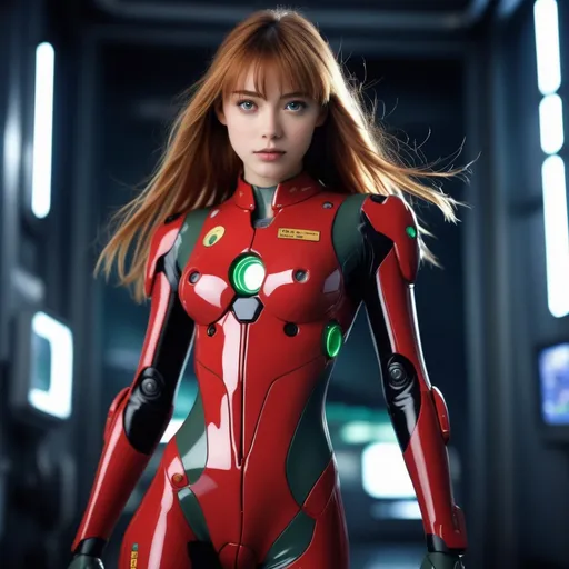 Prompt: High resolution Realistic photo image of an age:18 cute asuka langley anime character from “neon genesis evangelion“, full body original Eve jump suit, highly detailed facial features and expression, dynamically posed with Eve robot facility in background