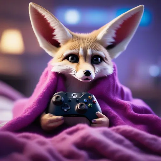 Prompt: cute fennec fox wrapped up warm in purple/pink blanket with XBOX controller in front of her, realistic, hyper-realistic, realism, 32k, photography, hdr, 1080p, cinematic, splash art, concept art, fictional characters, mid shot, intricately detailed, colour depth, dramatic