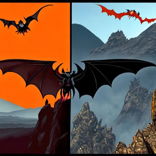 Prompt: Orange_Eyes, Winged Bat, Deep Grudge, Poison in the Sky, Black Mountain Background, Almost Identical Purposed Failings