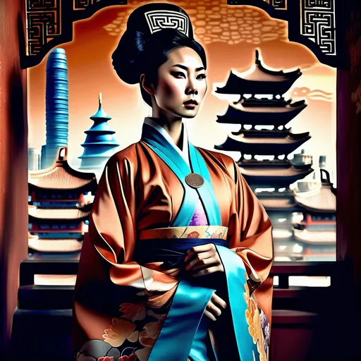 Prompt: A captivating image emerges - an Asian woman donning a unique fusion of Eastern and Western attire. Her ascot adds a touch of formality, while her overcoat robe resembles traditional Hanfu. She radiates strength, resembling a modern-day terra cotta warrior. The scene is set amidst the backdrop of domed buildings, evoking a realistic and picturesque landscape. The photograph captures the essence of this intriguing blend, inviting viewers to delve deeper into the fusion of cultures.