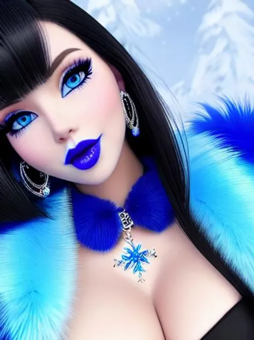 Prompt: Anna and Elsa, eating candy ice cream, blue lipstick, snowy beach, blue heart necklaces, Thick blue fur coat, Black Cape, pleasant face, blue eyes, Black-purple eyeshadow, long ice earrings. Cold color scheme, ultradetailed, 8k resolution, perfect, smooth, high quality, shiny. 