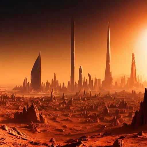 Prompt: Skyscraper skyline on Mars, futuristic architecture, red and orange hues, towering structures, dynamic angles, high quality, ultra-detailed, sci-fi, futuristic, Mars landscape, high-tech, atmospheric lighting