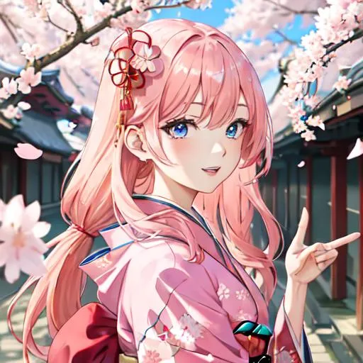 Prompt: Japan as a female human, 8k, UHD,  highly detailed, pink hair, blue eyes, wearing a kimono, under the cherry blossom trees, close-up