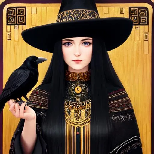 dark queen attractive woman in Gothic dress. Raven in hand. holds