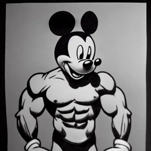 Prompt: Muscular, Mickey Mouse, pencil sketch