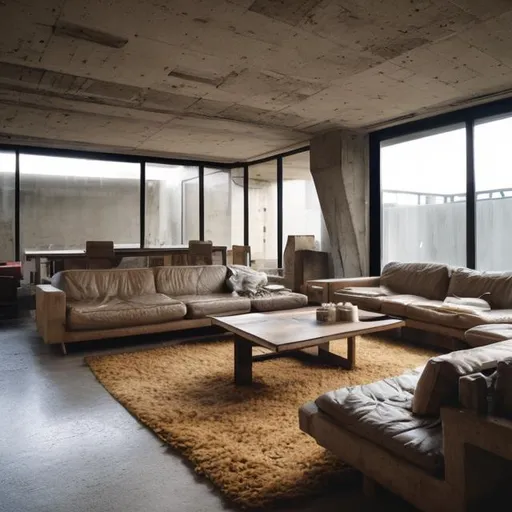 Prompt: cozy brutalist architecture with furniture and lots of natural light 

