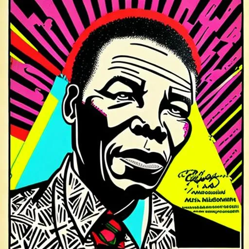 Prompt: pop art + graffiti, bold line art, vibrant colors, Nelson Mandela film poster by Shepard Fairey and Charles Burns, vintage comic book art,