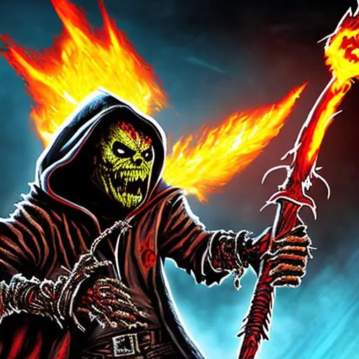 Prompt: Create an image featuring Eddie, the iconic zombie-like mascot of the heavy metal band Iron Maiden, engaged in a fierce battle with a hooded figure in a fiery wasteland. Eddie is wielding his signature weapon, an axe-shaped guitar, and has flames bursting from his eyes and mouth. The hooded figure is wielding a staff that crackles with energy and wears a cloak that seems to blend into the fiery background. The ground beneath them is cracked and burning, with flames and embers swirling around them. Show the two figures locked in combat, with Eddie unleashing a devastating attack while the hooded figure fights back with magic.