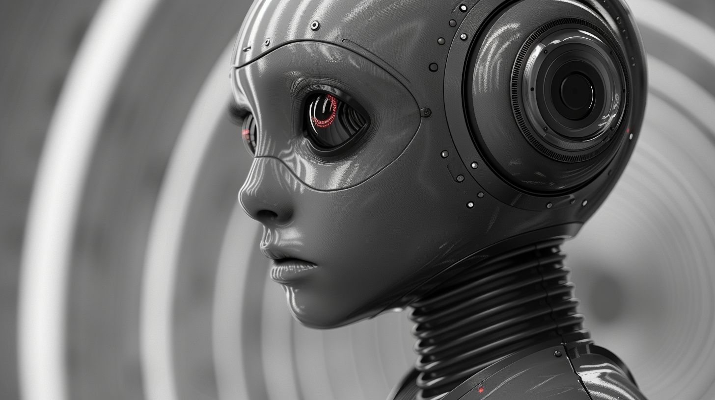 Prompt: A monochrome photograph featuring a sci-fi robot, a pop culture artwork, tumblr, pop culture art, swirly backdrop, attentive gaze, geek --ar 16:9 --sref https://s.mj.run/aVmVs_IS6FI --stylize 1000