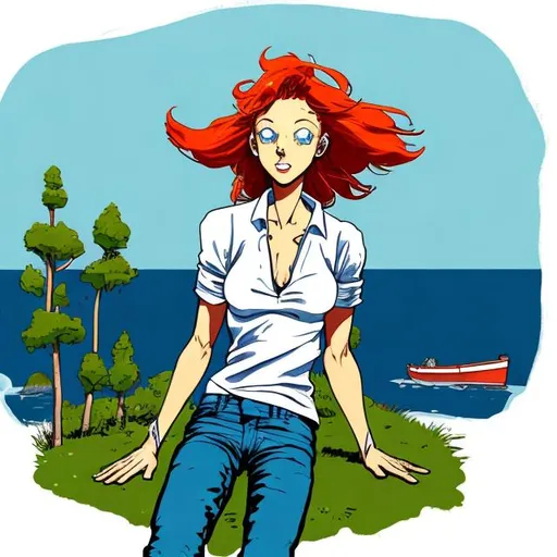 Prompt: Adult Mermaid with human legs,  on land , Wearing a blue jeans , White shirt with sleeves ,human anatomy , five fingers correctly , five toes correctly, full body view, eating salad