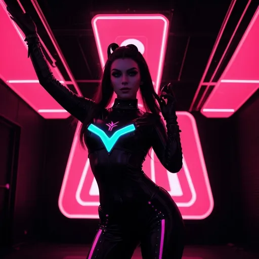 Prompt: a beautiful female demon in a dynamic pose in a retro futuristic synthwave cyberpunk neon paradise.  neon lighting, high quality, beautiful, synthwave, cyber, retro, futuristic