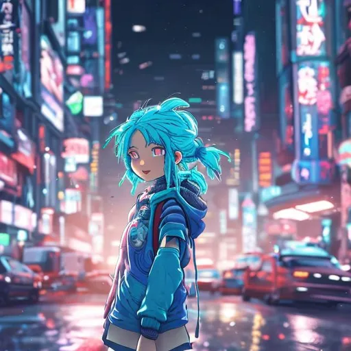 Prompt: A blue-haired girl crossing the street in a crowded futuristic city