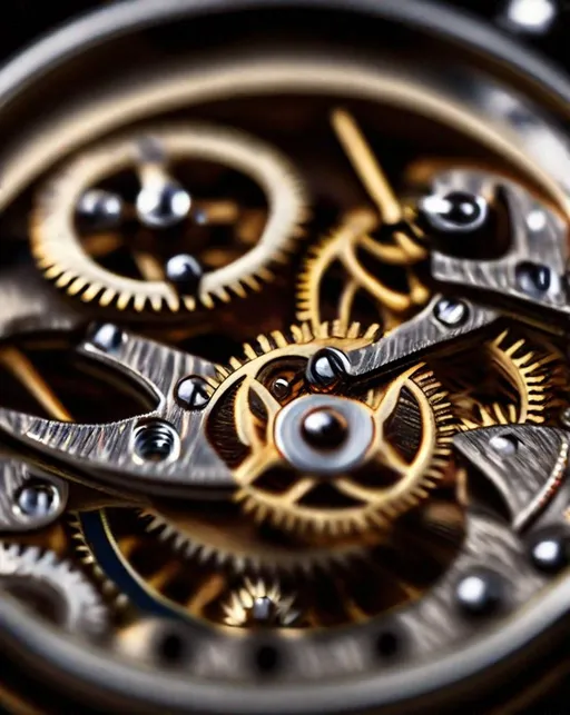 Prompt: Macro close up shot of the inner workings of an old analog pocket watch. The intricate gears and springs are perfectly illuminated. Fine details are visible. Shot with a macro lens and ring flash on a Nikon D780. Mechanical, precise, and complex.