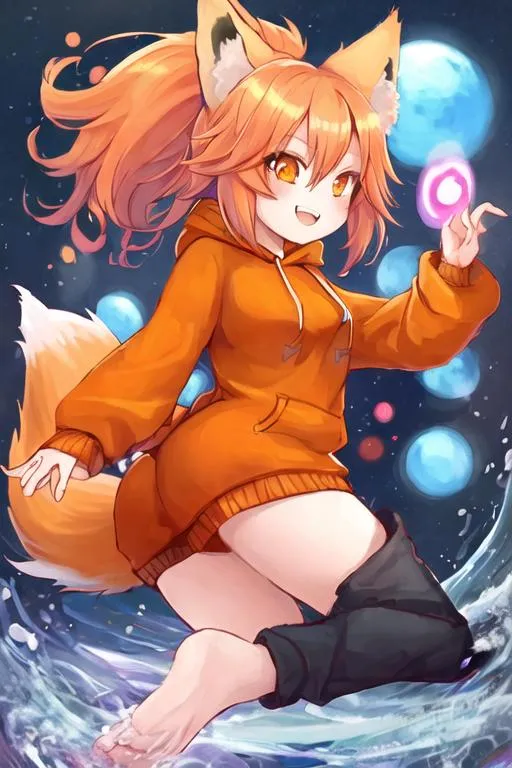 Prompt: 1girl, chibi, fox ears, happy face, fox tail, orange hoodie, 