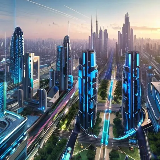 Prompt: I would like an image of a futuristic cityscape during dusk. The city should be a blend of advanced technology and nature. Buildings should have a sleek and modern design, with rooftop gardens and solar panels. Streets are clean and lined with lush greenery, filled with autonomous electric vehicles. There should be a blend of ground-level activities, high-rise structures, and drones in the sky, signifying a bustling and vibrant city. The city is built near a body of water, with structures reflecting off it. The colors should be a mix of neon blue and green, indicating a future that is both technologically advanced and sustainable. The overall mood should be positive and hopeful, showing a future where technology and nature coexist harmoniously.