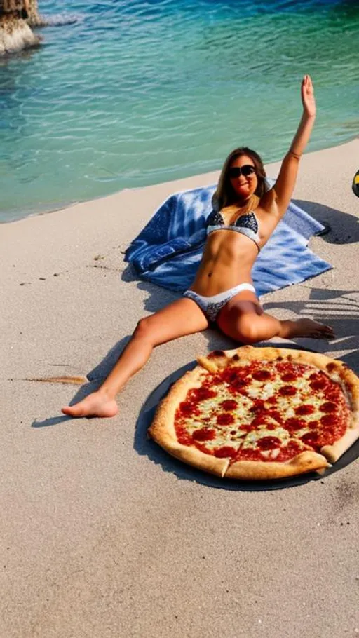 Prompt: Pizza bikini model on a surfboard surrounded by starfish 