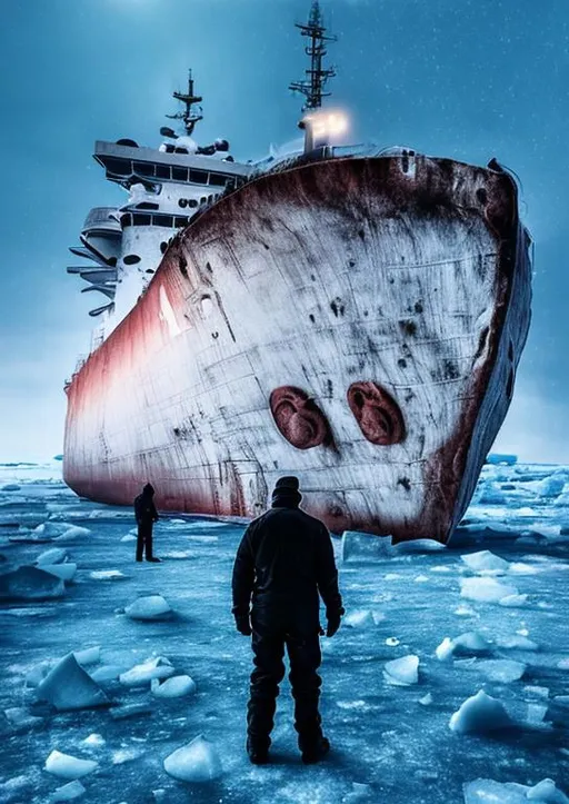 Prompt: man facing away, standing in front of large ship stuck in ice