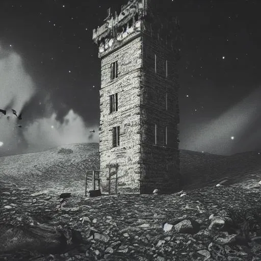 Prompt: A tower in the middle of a dark, mysterious environment