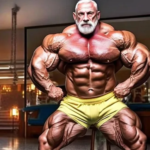 hyper muscular bodybuilder old man, 60 year old, hyp
