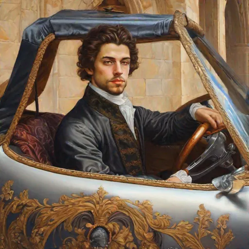 Prompt: Handsome young gentleman driving a luxurious sportscar, dressed in brocate, oil painting, 16th century, realistic, in the style of Da Vinci