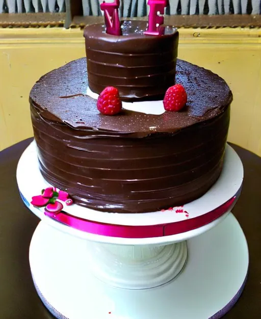 Prompt: chocolate birthday cake, tiers, raspberries