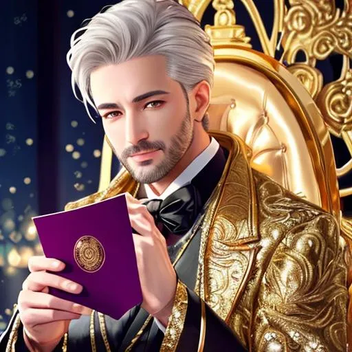 Prompt: demonic god in a gold embroidered  suit smirks as he gets you to sign a unfair contract and, invites you to a tea. with a letter that contains essence of everything in the heavenly realm inviting you to join.
hyper realistic 4d, engine unreal, realistic illustration, super detailed beautiful face, full body shot, fantasy themed , night time background, male (Kento Yamazaki),  turned against viewer,  long hair