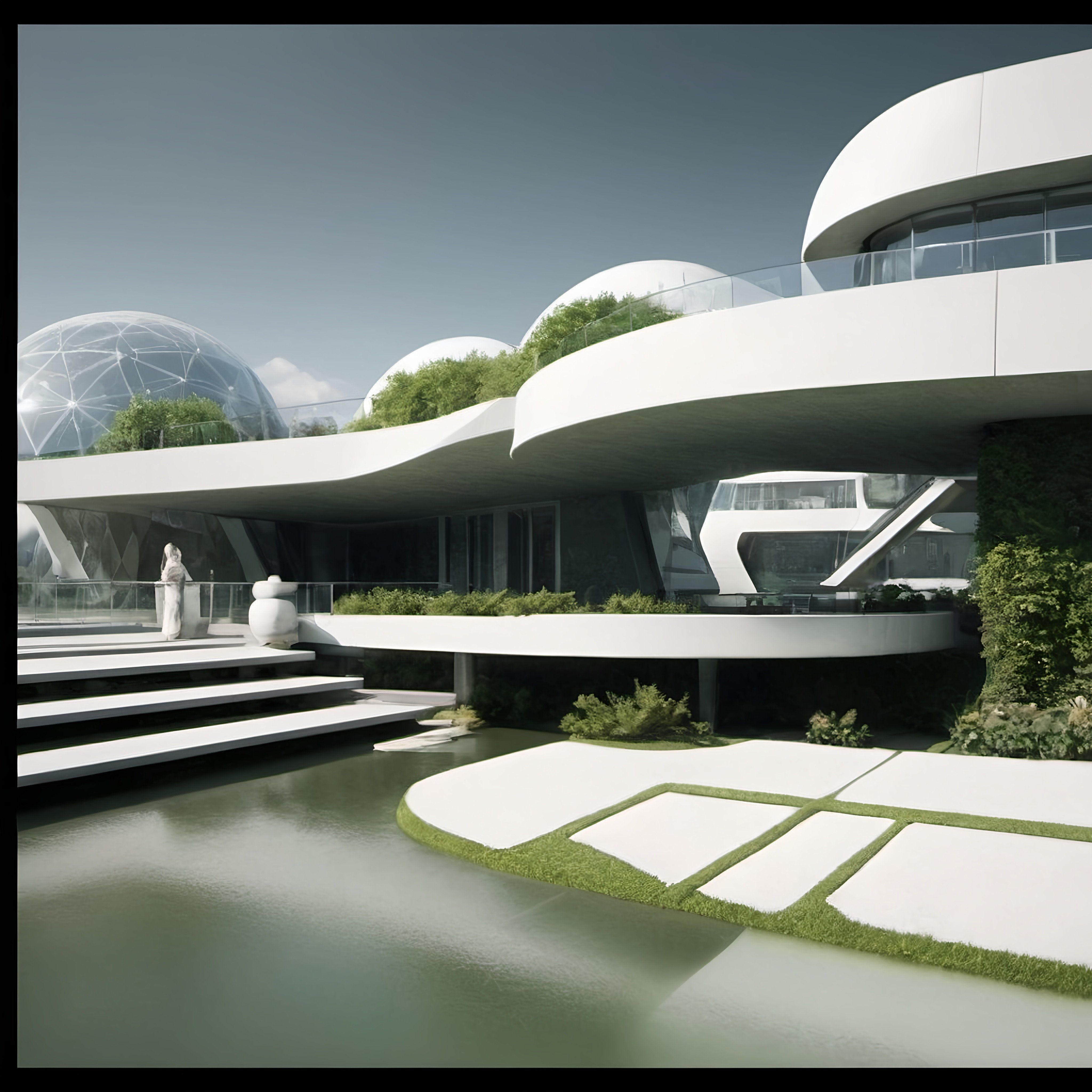 Prompt: a futuristic building with a pond in front of it and a couple of people walking around it on the other side, unreal engine render, a detailed matte painting