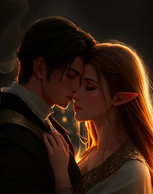Prompt: Elf. Illyrian wings. Night ambient scenery. Mist, smoke. Analog style portrait+ style, woman and man couple, hugging, kissing. Hyperealistic 8k shot, high-resolution, Up-close focus, Highly detailed face, UHD, HD, 8k. Elain Archeron and Azriel from ACOTAR book series. Elain has long flowing golden-brown hair, soft features, fair skin, black dress. Azriel has golden-brown skin, short black hair, sharp facial features, brooding look, strong jawline, high cheekbones, hazel eyes, graceful, dark practical clothes, deep blue, silver and metallic details, stealth.