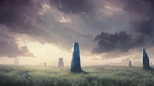 Prompt: fantasy concept art by greg rutkowski of mysterious monoliths with glowing blue lighting in a field, bright cloudy sky, new zeland, gestural oil painting style, backlit, cinematographic morning light, artstation hq, 