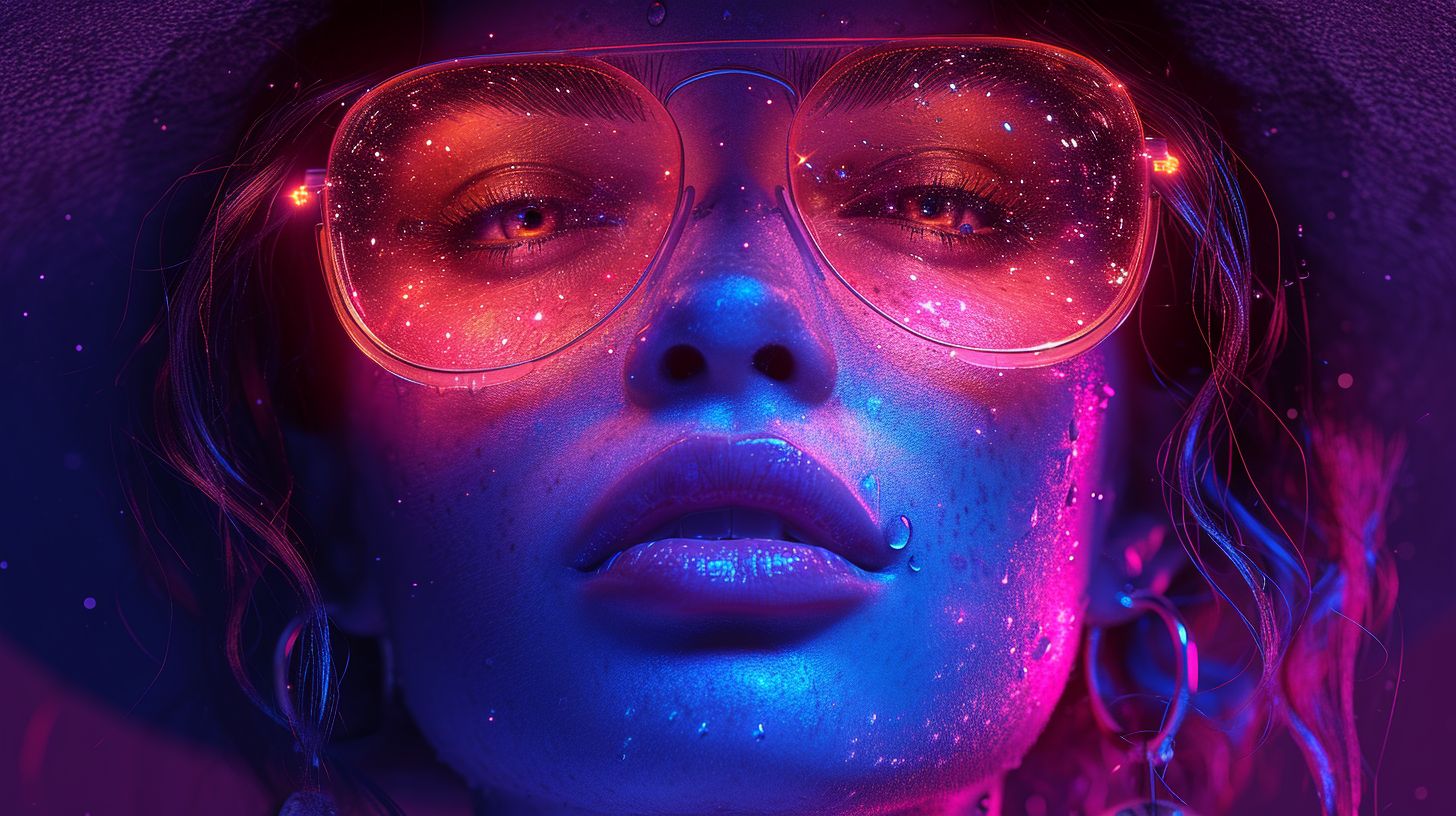 Prompt: neon girl with sunglasses, hat and sunglasses, in the style of strip painting, octane render, poolcore, bold use of light, comic art, colorful figures, 32k uhd