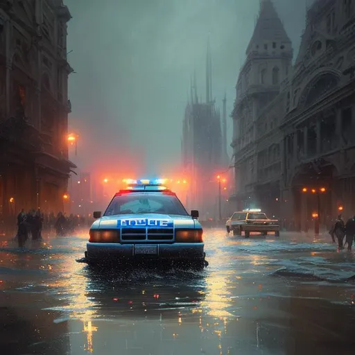 Prompt: "a police car driving through shallow water, flooded city, raining, people walking through shallow water, muted colors, hyperrealistic, oil painting, intricate, cgsociety, artstation, 8 k, cinematic, soft lighting, by greg rutkowski, by wlop, by artgerm"