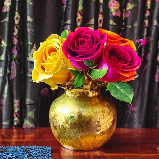 Prompt: Multicolor roses in a golden vase with intricate designs, set on a dark wooden table with a lace tablecloth, morning light filtering through the curtains, highlighting the delicate petals and vivid colors, Photograph, macro lens 100mm f/2.8, --ar 1:1 --v 5