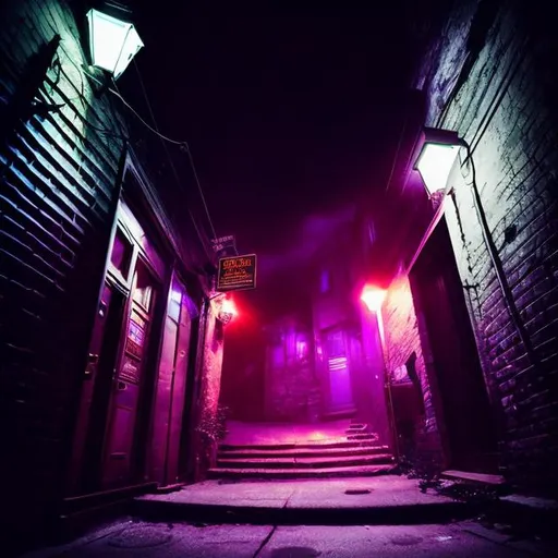 Prompt: midnight moonly dark sky, An modern downtown city's mysterious narrow alleyway, neon, mist, Suspicious and fantastical, urban fantasy, A dimly lit witch's urban office house alone color with witch purple or pink light, city, urban, Camera Focus close-up viewpoint to the seems like a mysterious witch's office building and that mysterious door