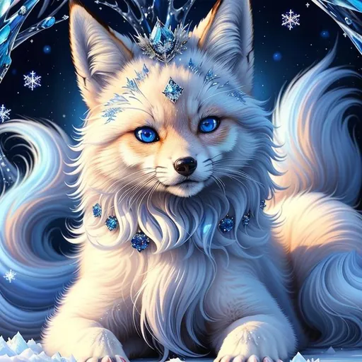 Prompt: (masterpiece, professional oil painting, epic digital art, best quality:1.5), insanely beautiful female ((fox)), (canine quadruped), adolescent, ice elemental, deep blue pelt covered in frost, bashful hypnotic sapphire blue eyes, gorgeous silver mane covered in snowflakes, (plump), finely detailed fur, hyper detailed fur, (soft silky insanely detailed fur), moonlight beaming through clouds, grassy field covered in frost, cool colors, professional, symmetric, golden ratio, unreal engine, depth, volumetric lighting, rich oil medium, (brilliant auroras), (ice storm), full body focus, beautifully detailed background, cinematic, 64K, UHD, intricate detail, high quality, high detail, masterpiece, intricate facial detail, high quality, detailed face, intricate quality, intricate eye detail, highly detailed, high resolution scan, intricate detailed, highly detailed face, very detailed, high resolution