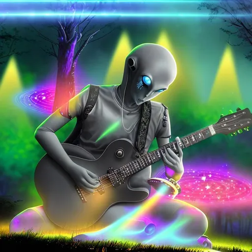 Prompt: Cosmic, energetic, vivid!, cinematic, 3D, HD, {Grey Alien}Guitarist sitting on the ground playing guitar, musical notes, mist, expansive magical forest background, hyper realistic, 8K --s98500