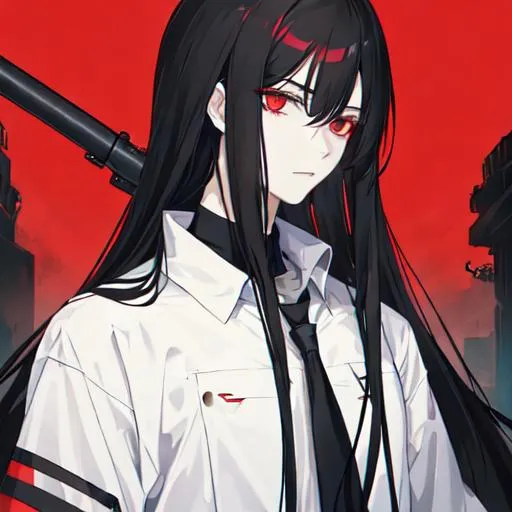 Prompt: 1male (pale) (long black hair) (red eyes) he's holding a gun, nuclear fallout