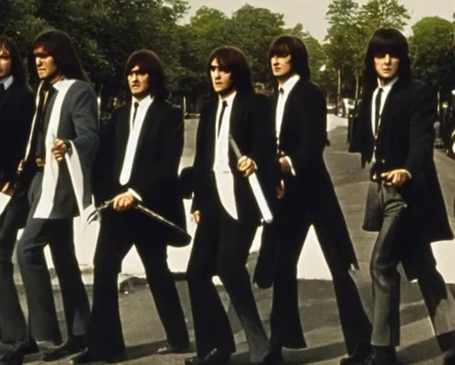 Prompt: Conan the Barbarian as every member of The Beatles Abbey Road Album Cover