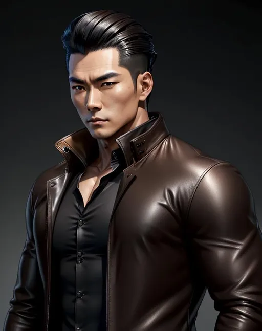 Prompt: perfect composition, {30 year old}, lean muscular  half japanese half english man, wearing futuristic {black shirt, brown leather trench coat with coat of arms}, {dark hair slicked back}, clean shaven, extra masculine, peak fitness, determined expression, looking at viewer, 8k eyes, detailed face, wlop, stanley artgerm lau, artstation, hd, octane render, hyperrealism intricate details, 8k, cinematic volumetric light, proportional, art trending on artstation, sharp focus, studio photo, intricate details, highly detailed, intricate artwork masterpiece, ominous, intricate, epic, trending on artstation, highly detailed, vibrant, production cinematic character render, ultra high quality model, 