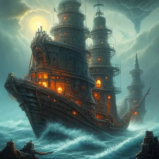 Prompt:  fantasy art style, painting, sea, smog, fog, deep ocean, Norse, Norse mythology, ancient, pirates, pirate ship, dome, glass dome, waves, mist, naval ship, utopia, warship, biological mechanical war machine, war machine, tubes, pipes, warship, snakes, serpents, eels, tentacles, octopus, jellyfish
