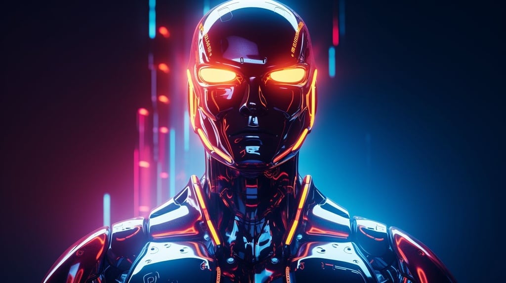 Prompt: robot with neon lit head, glowing in the dark, in the style of precisionist art, superheroes, fashwave, 8k, afrofuturism, iconic album covers, sleek lines